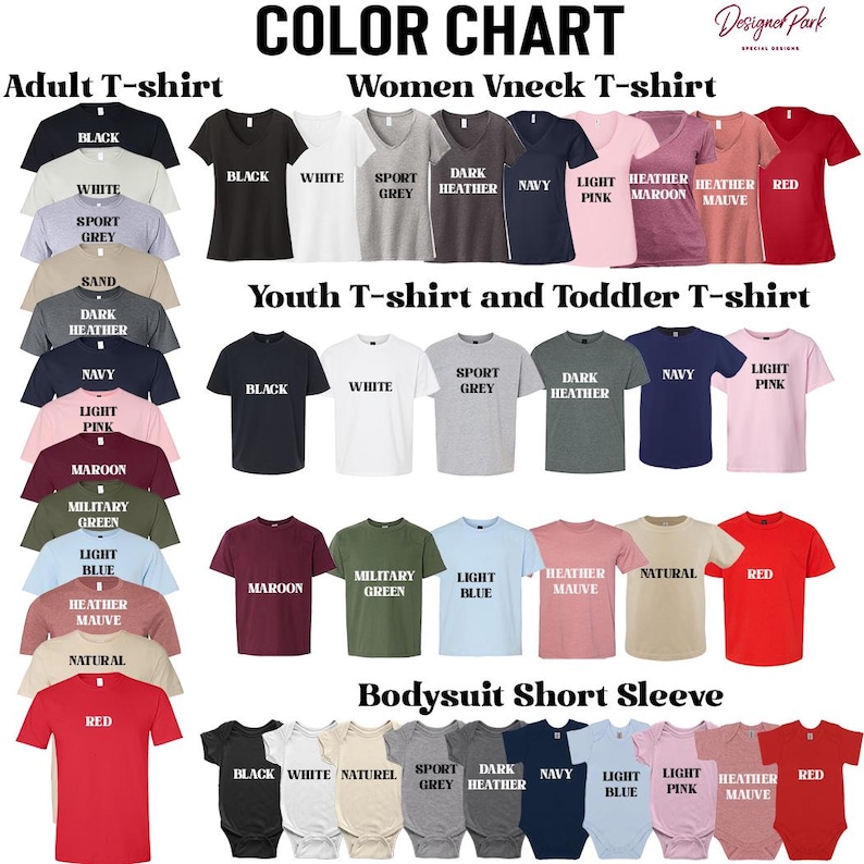 a variety of t-shirt designs in different colors and styles, including adult and youth t-shirts, as well as a color chart for women's v necks.