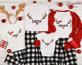 Custom Reindeer Antler Family Shirt, Personalized Name Christmas Tee, Matching Reindeer Family Xmas Shirts, Deer Baby Bodysuit, C31