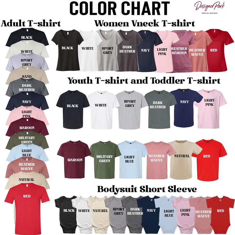 a variety of t-shirt designs in different colors and styles, including adult and youth t-shirts, as well as a color chart for women's v necks.
