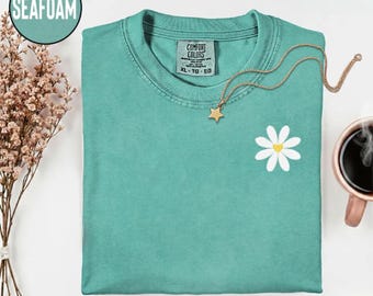 Embroidered Seafoam Comfort Colors Shirt, Embroidery Happy Mom Daisy Flower Tee, M509