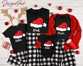 Santa Hat Family Shirt, Matching Christmas Family Tee, Custom Name Santa Shirt, Christmas Baby Bodysuit, Family Xmas Tee, C4