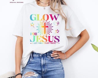 Camiseta Glow For Jesus, Camiseta Let Your Light Shine, Camiseta Faith Cross Apparel, Camisetas con versículos bíblicos, Camiseta cristiana Glow, Camiseta inspiradora, M27