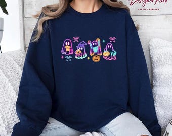 Halloween Ghost Neon Sweatshirt, Halloween Ghost Shirt, Halloween Ghost Neon Shirt, Halloween Party Tees, Pumpkin Tee, Bow Girls Hoodie, H21
