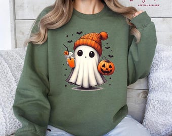 Cute Ghost Halloween Sweatshirt, Halloween Spooky Coffee Shirt, Cute Sweatshirts Fall, Spooky Season Hoodies, Ghost Shirt Fall,H14