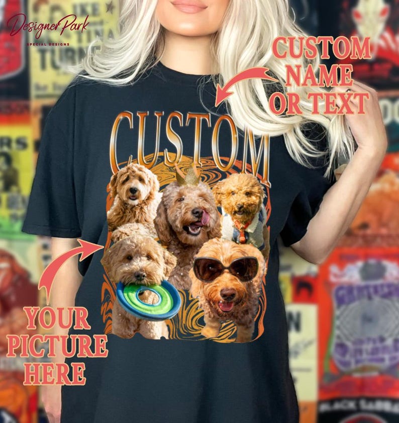 A person wearing a black t-shirt with a graphic design featuring a group of dogs, including a dog wearing sunglasses. The design includes text that allows the wearer to customize the image by adding a name or text.