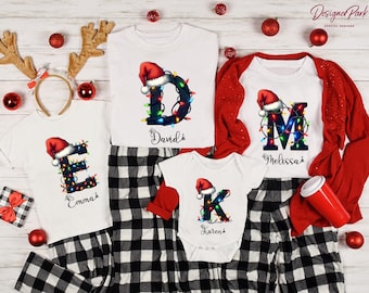 Santa Hat Initial Christmas Shirt, Personalized Monogram Letter Tee, Matching Family Christmas Lights Shirts, Custom Name Baby Bodysuit, C29
