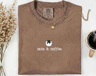 Cats And Coffee Shirt, Coffee Lover Gift, Cat Lover Gift, Minimalist, Comfort Colors Sweatshirt, Adult and Youth Comfort Colors Shirt, M312