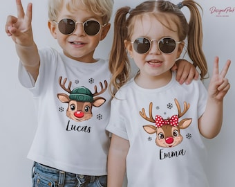 Personalized Reindeer Face Kids Christmas Shirt, Custom Name Toddler Christmas Tee, Matching Sibling Reindeer Shirt, Boy Girl Xmas Top, C30
