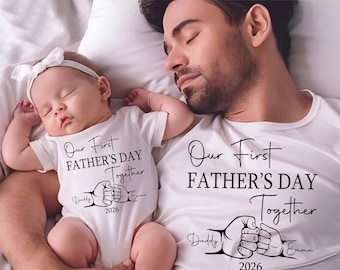 Our First Father's Day Shirt, Matching Dad and Baby Outfit, Personalized 1st Fathers Day Gift T-shirt, Custom Daddy and Me Tee 2026, A23