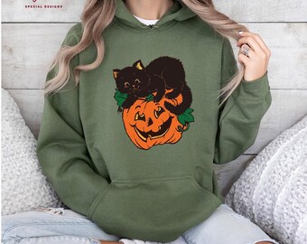 Halloween Pumpkin Hoodie Black Cat Sweatshirt, Pumpkin Sweatshirt, Halloween Black Cat Hoodie, Halloween Sweater, Cute Halloween Tee, H3