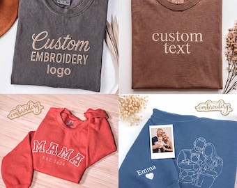 Comfort Colors®  Custom Embroidered Shirt Personalized Your Text Tee, Embroidery Portrait Shirt, Personalized Embroidered Logo Sweatshirt