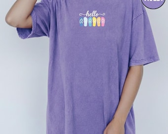 Embroidered Hello Summer Flip Flop Tee, Comfort Colors Embroidery Shirt, M508