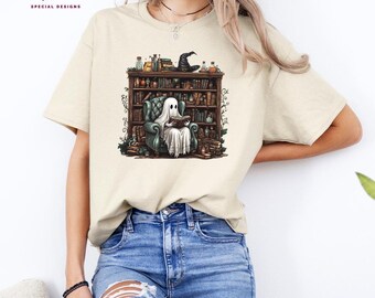 Retro Ghost Reading Books T shirt, Librarian Ghost Halloween, Halloween Teacher Shirt, Halloween Shirt, Teacher Gift, Boo School, H30