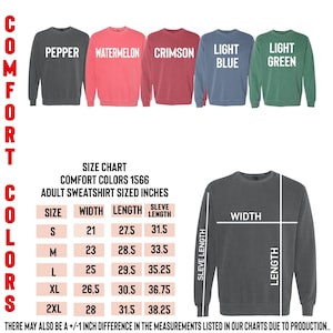 The image is a size chart for an adult sweatshirt, showing the different colors and corresponding measurements.