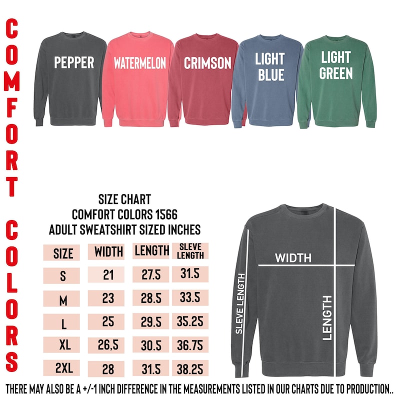 The image is a size chart for an adult sweatshirt, showing the different colors and corresponding measurements.