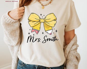 Personalized Teacher Tee - Custom Name with Back to School Bow Shirt, T36
