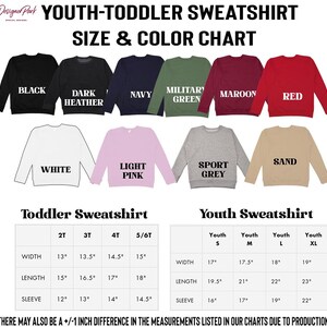 The image is a size and color chart for a youth-toddler sweatshirt, showing different sizes and colors available.