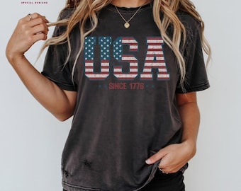 Camiseta gráfica vintage de EE. UU. Comfort Colors®: Camisa patriótica de algodón suave del 4 de julio, M333