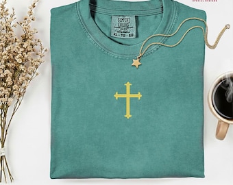Minimal Christian Cross Shirt - Embroidered Comfort Colors Tee, M345