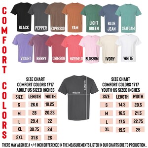 a collection of t-shirt designs in various colors, along with size charts and measurements for each design.