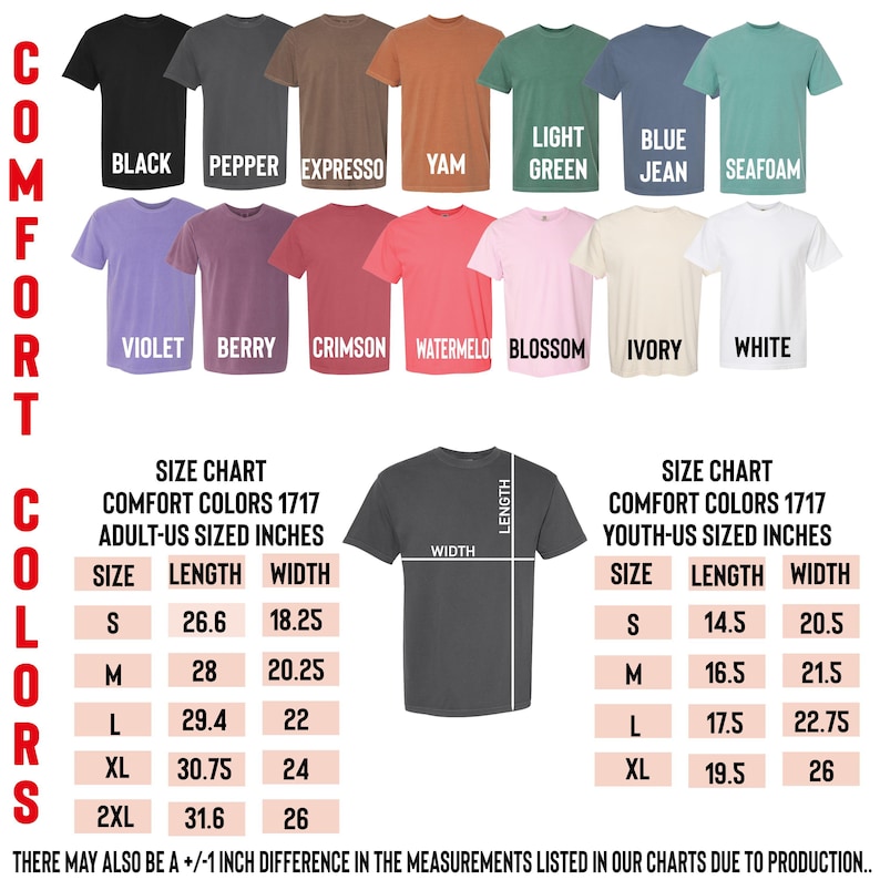 a collection of t-shirt designs in various colors, along with size charts and measurements for each design.