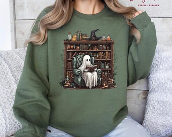 Retro Ghost Reading Books Sweatshirt, Librarian Ghost Halloween, Halloween Teacher Sweater, Halloween Hoodie, Teacher Gift, Boo School, H30