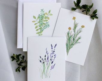 Juego de tarjetas con acuarela floral: lavanda, flores silvestres y estampados de plantas.