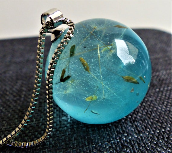 Unique Glow in the Dark Blue Sphere Dandelion Wish Resin Necklace