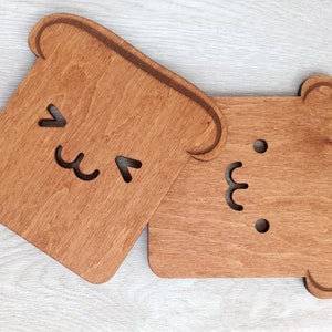 Wooden toasts coasters Engraved wood coasters Cute kitchen decor Set of 2 Bread coasters Cute faces coasters Cozy home item