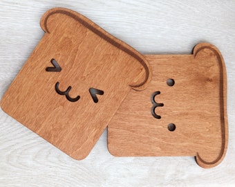 Wooden toasts coasters Engraved wood coasters Cute kitchen decor Set of 2 Bread coasters Cute faces coasters Cozy home item