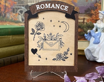 Romance Genre Bookshelf Sign: Wooden Home Library Decor, Book Nook