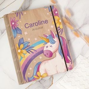 Baby photo album, Personalized photo album, First year, Wood photo album, Newborn gift for Baby shower, Unicorn design, Birthday gift