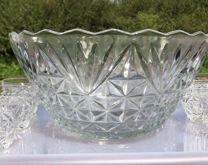 Anchor Hocking Glass Punch Bowl Set, 1950's Arlington Pressed Glass