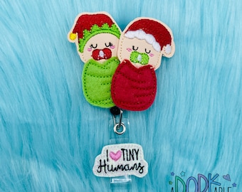 I Love Tiny Humans Christmas Badge Reel, Nurse Gift