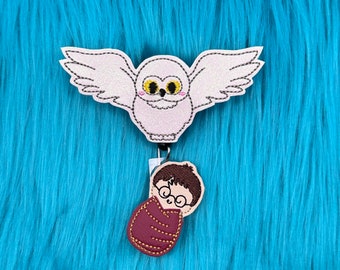 Stork Owl Wizard Baby Retractable Badge Reel, Embroidered Felt