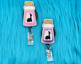 Llama Extract Bottle Nurse Badge Reel, Embroidered Retractable ID Holder