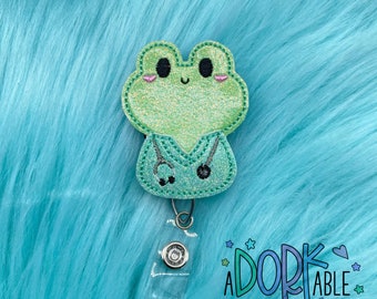 Frog Nurse Badge Reel, Embroidered Felt Retractable ID Badge