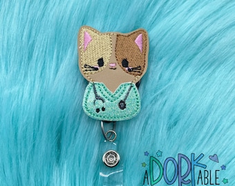 Kitty Cat Nurse Badge Reel, Embroidered ID Badge Holder