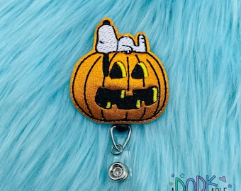 Halloween Dog on Pumpkin, Badge Reel, ID badge, Badge Holder, Nurse Badge, RN Badge, Retractable Badge, Nurse Gift