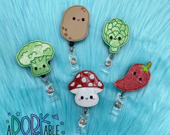 Veggies, Broccoli, Potato, Artichoke, Chilli Pepper, Mushroom, Badge Reel, ID badge, Badge Holder, Nurse Badge, RN Badge, Retractable Badge