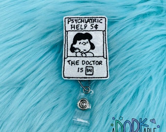 Lucy Psychiatric Help Badge Reel, Embroidered Felt Retractable ID Badge