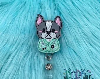 Boston Terrier Nurse Badge Reel, Embroidered Retractable ID Holder