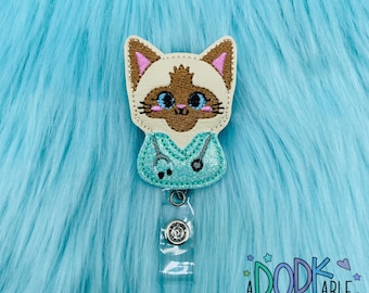 Siamese Cat Nurse Badge Reel, Embroidered Felt, Retractable ID Badge