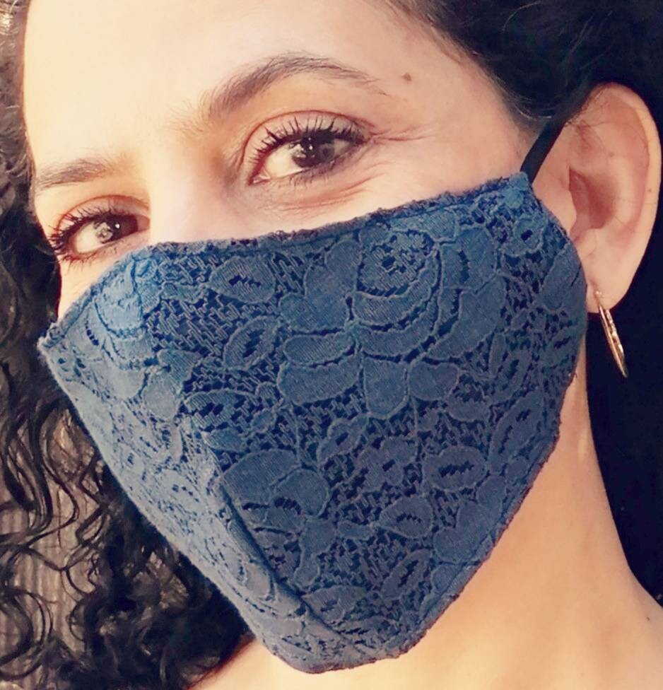 Navy Blue Lace Face Mask FREE UK P&P 2 layers Reversible light weight…