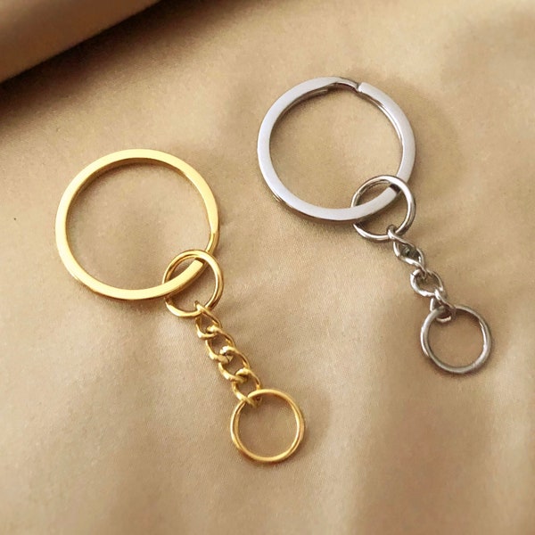Keyring with Chain Link Polished Stainless Steel, Key Chain, Key Fob Hardware DIY Keychain Supplies, Flat Split Ring