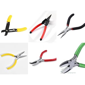 May include: Set of six pliers with different coloured handles. The pliers are made of metal and have a variety of uses, including cutting wire, crimping, and bending.