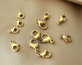 5 cierres de langosta pulidos, acero inoxidable chapado en oro de 18k para la fabricación de joyas, tamaños 21 mm x 12 mm, 13 mm x 7 mm, 11 mm x 6 mm, 9 mm x 5 mm