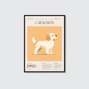 May include: A framed print featuring a Cavachon dog illustration. The dog is white with tan ears and is set against a peach background. The print includes the breed name, the year 1990, and breed notes.