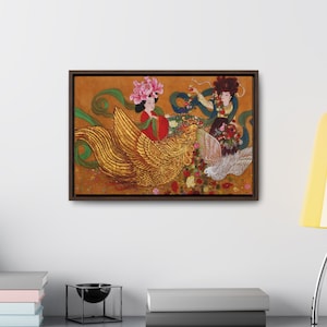 Gallery Canvas Wrap, Chinese Empresses and Auspicious Phoenix, Flowers Peonies and Roses, Print of watercolor painting on silk