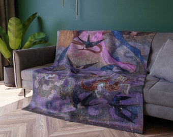 Crushed Velvet Blanket, Swallows and baby dragons, Print of Chinese water color on silk, Lunar new year, Year of the snake gift